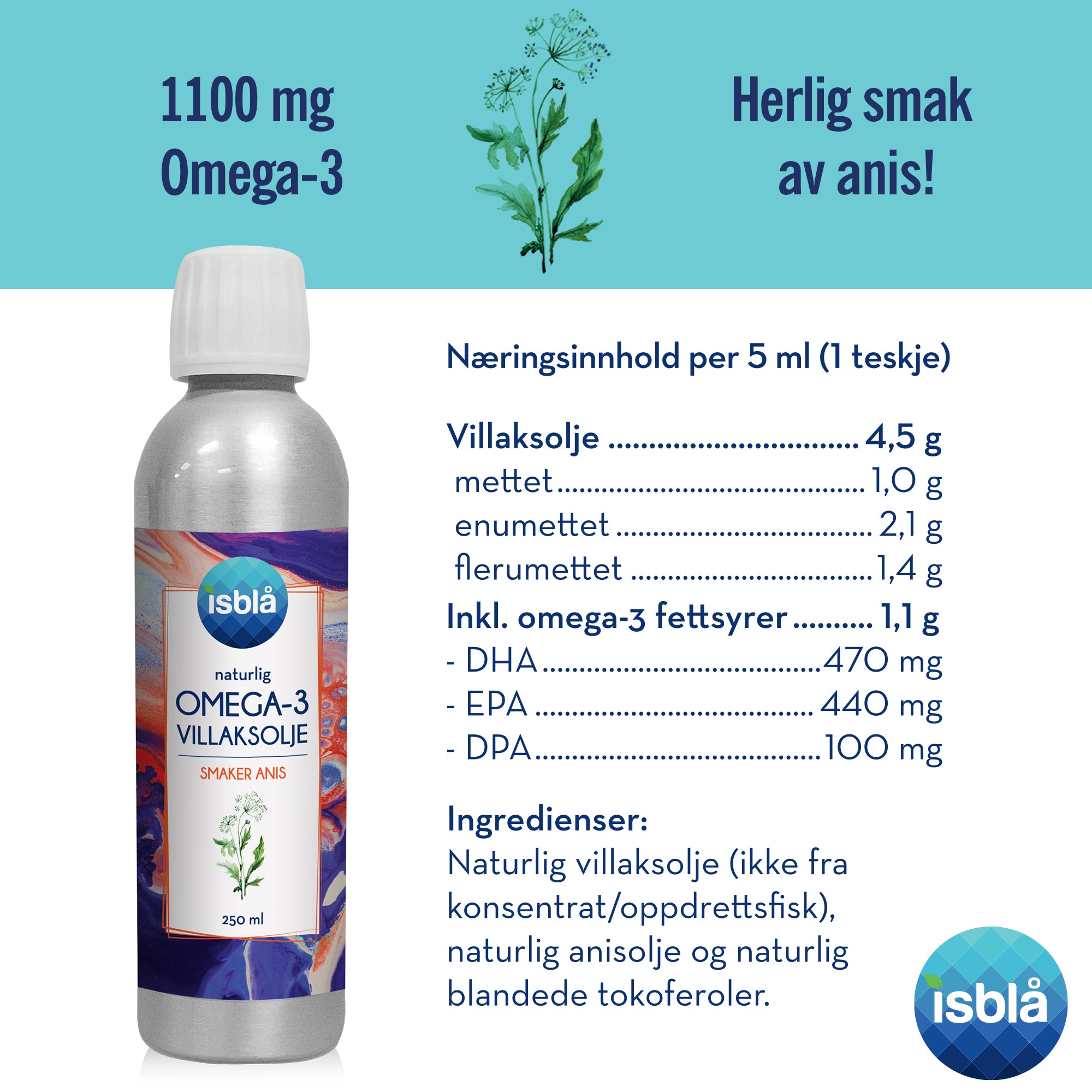 Isblå omega-3 villaksolje anis 6 pk (6 x 250 ml)