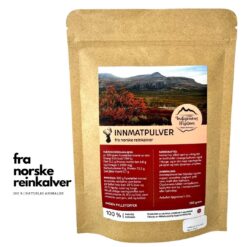 Pose med 100 g innmatpulver fra norske reinkalver og måleskje.