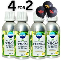 Isblå flytende vegansk Omega-3 algeolje 4-for-2 tilbud – fire 120 ml flasker med sitronsmak på hvit bakgrunn.