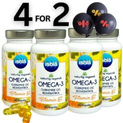 Fire bokser Isblå Omega-3 kapsler (vegansk) 60 kapsler — tilbud 4 for 2.