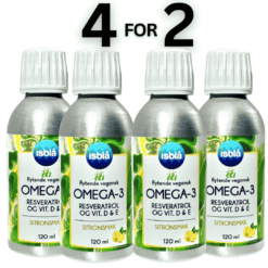 Isblå flytende vegansk Omega-3 algeolje 4-for-2 tilbud – fire 120 ml flasker med sitronsmak på hvit bakgrunn