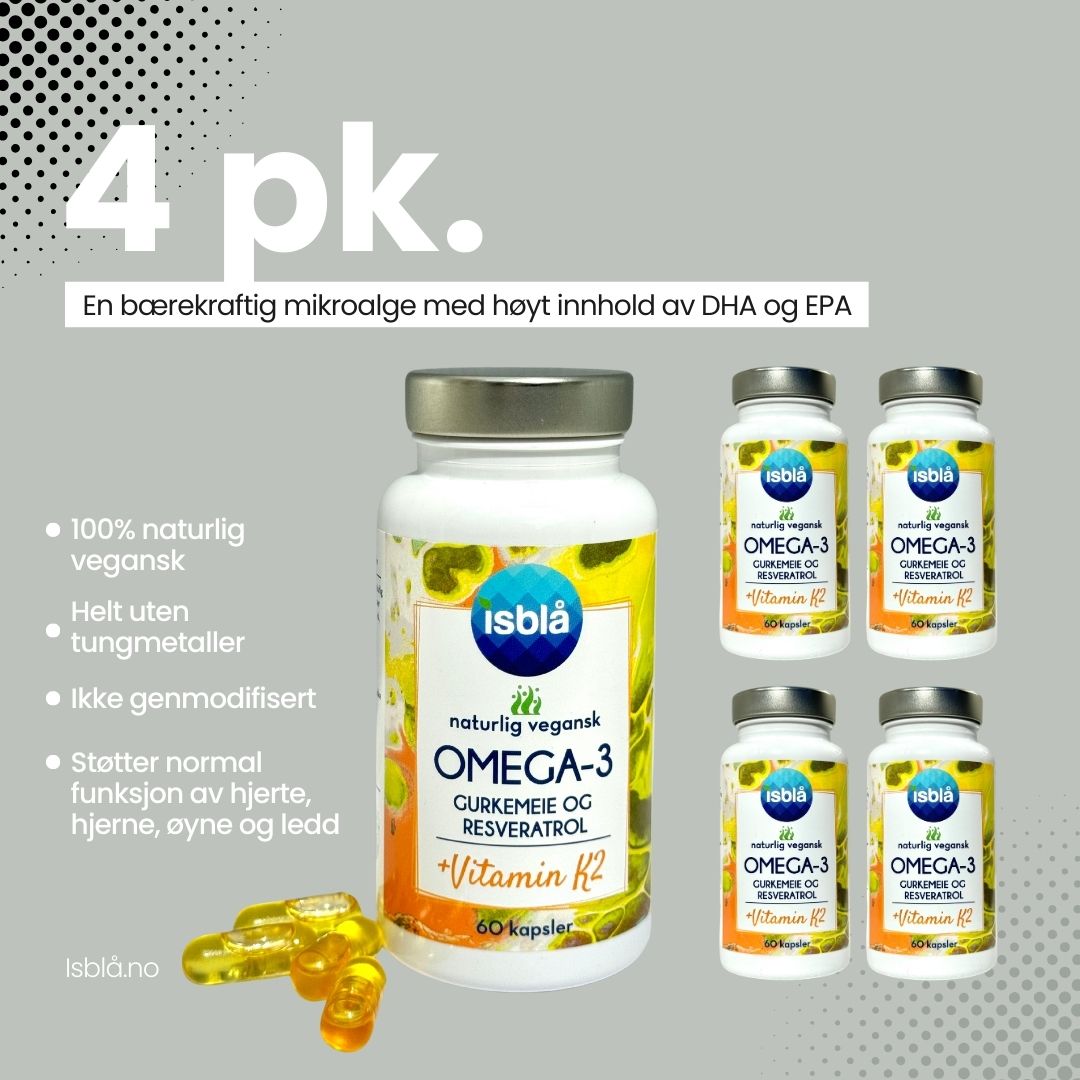 IsblĂ„ Vegansk Omega-3 4 pk â vegansk algeolje i kapsler. Kampanje 499 NOK (124,75 NOK per boks, ordinĂŠr pris 179 NOK).