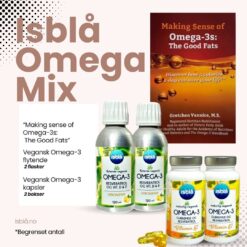Isblå Omega-Mix — 2 flytende algeoljer + 2 bokser kapsler + bok. Pakkepris 549 NOK.